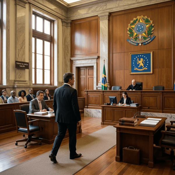 Courtroom in Brazil with judge seated, lawyer walking forward, and audience present